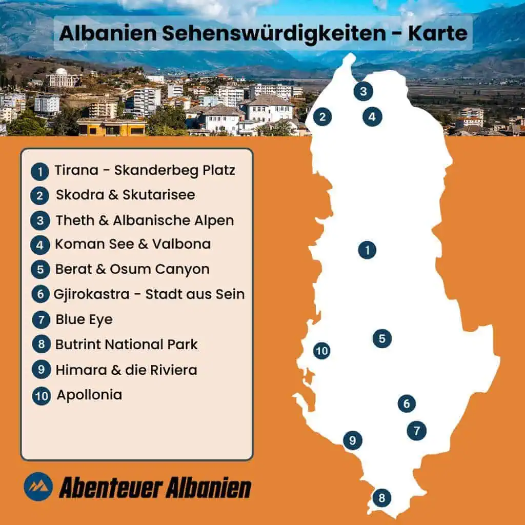 Bezienswaardigheden van Albanië Kaart met hoogtepunten zoals Tirana, Skodra, Theth, Koman-meer, Butrint, Blue Eye Saranda en meer 