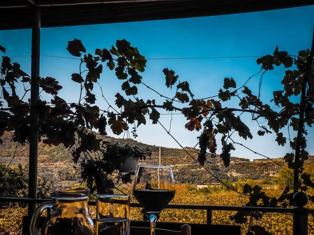 Alpeta Weingut nahe Berat mit Blick auf Landschaft der Umgebung