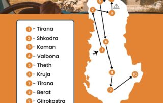Albania ruta de ida y vuelta de 14 días con lugares destacados como Tirana, Gjirokastra y Kotor, en un mapa con resumen de ruta y lugares de interés para la aventura Albania.