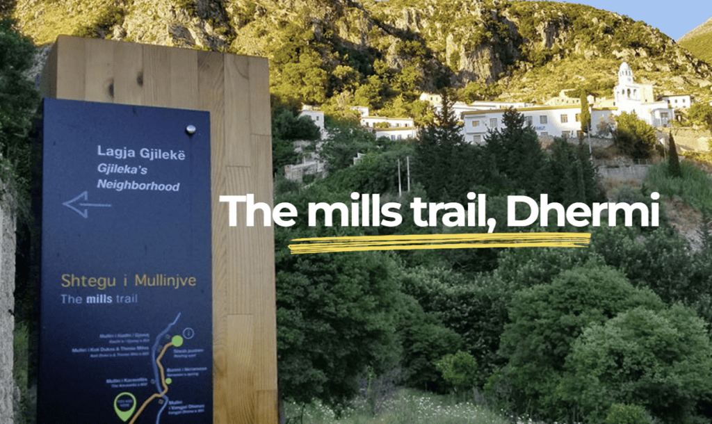 Mills Trail Dhermi - Schild zum Wanderweg zur alten Mühle
