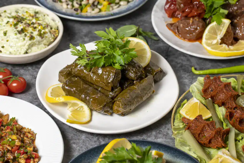 Traditional dinner appetizer table. Mediterranean appetizer concept. Dry cowpea salad, roasted eggplant salad, stuffed leaves with olive oil, stuffed dried peppers, cabbage rolls
