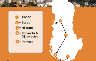 Impresionante mapa de la Albania meridional de ida y vuelta con lugares destacados como Tirana, Berat, Himara, Saranda y Gjirokastra, perfecto para viajes de aventura por Albania.