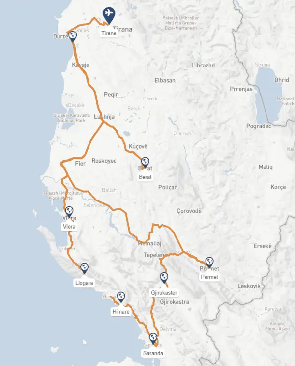 Rondreis Zuid-Albanië Kaart