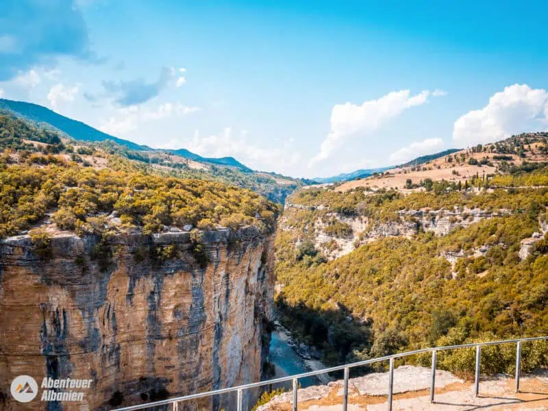 Indrukwekkende kloof in Albanië met beboste hellingen, blauwe luchten en adembenemende natuur. Perfect voor avonturiers en natuurliefhebbers die Albanië willen ontdekken.
