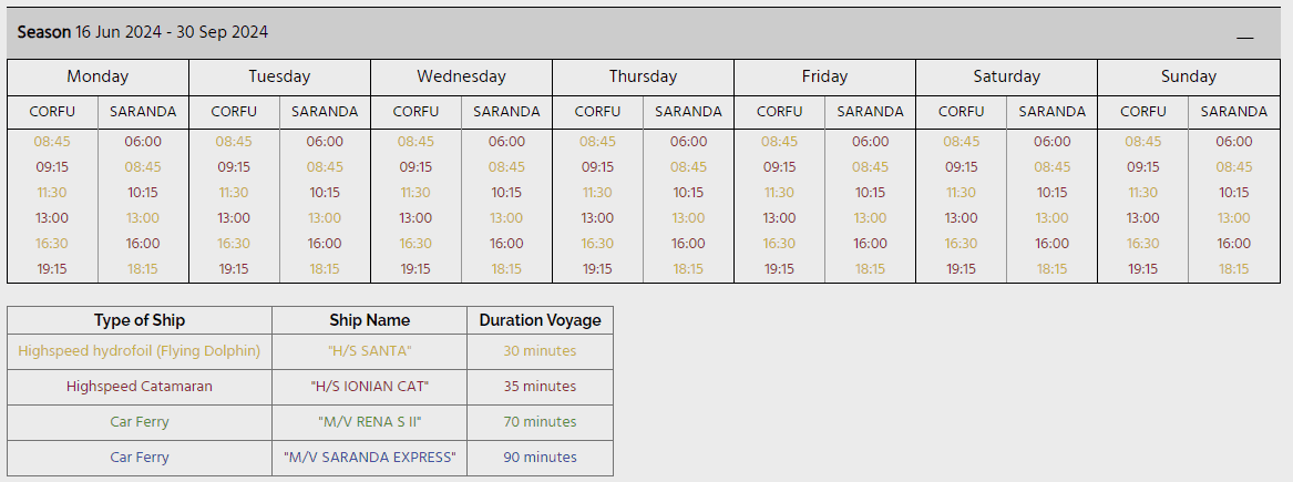 Ionian Seaways Fähre Saranda Korfu Timetable