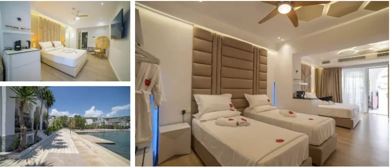 Moderne hotelkamers in Albanië met comfortabel meubilair en elegant design, ideaal voor een ontspannen vakantie.