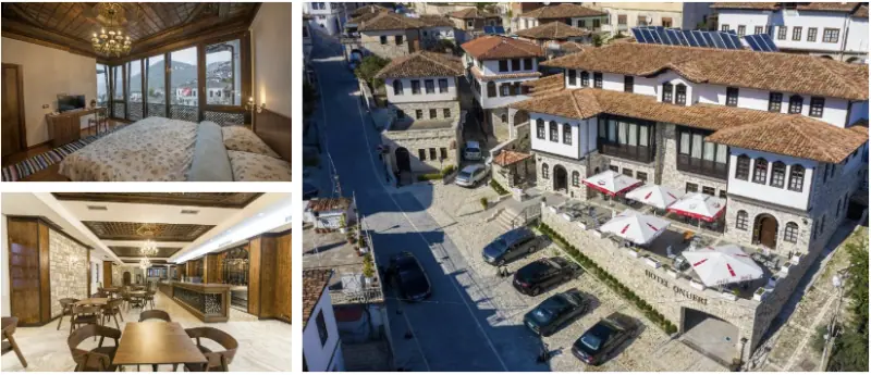 Ferienwohnung mit traditionellem albanischem Dekor, Bergblick und gemütlicher Schlafzimmerumgebung.