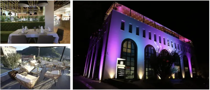 Abenteuer-albanien-restaurant-terrasse-balkon-lounge-ansicht, modernen-stil-event-location, entspannte-atmosphäre-freiraum, stilvolle-akzentbeleuchtung, perfekte-orte-für-gastronomie-und-events, Relevanz: Hoch.