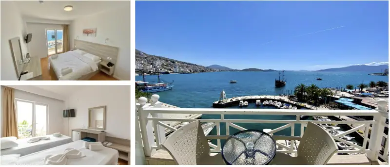 Aangename hotelkamers met zeezicht in Albanië, perfect voor een ontspannen vakantie aan de Adriatische Zee. Prachtig terras met uitzicht op de haven en het blauwe water. Ideaal voor ontspanning en avontuur.