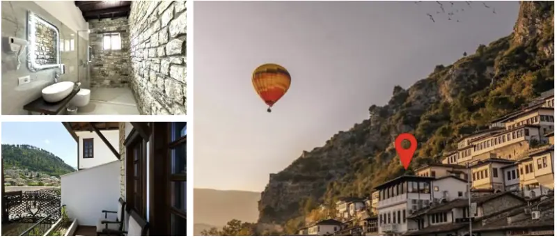 Innenraum eines modernen Badezimmers mit Steinwänden in Albanien.