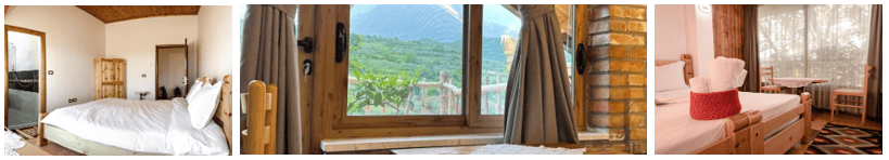Gemütliches Schlafzimmer in Albanien mit traditionellem Holzinterieur und komfortabler Einrichtung.