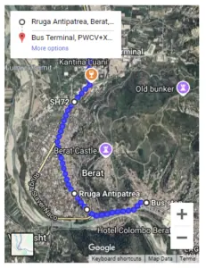 Busstation Berat naar Stadscentrum Kaart