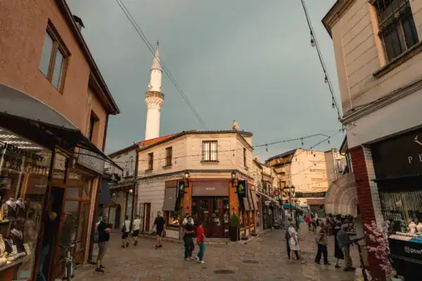 People on the narrow market street in Skopje old town North Macedonia