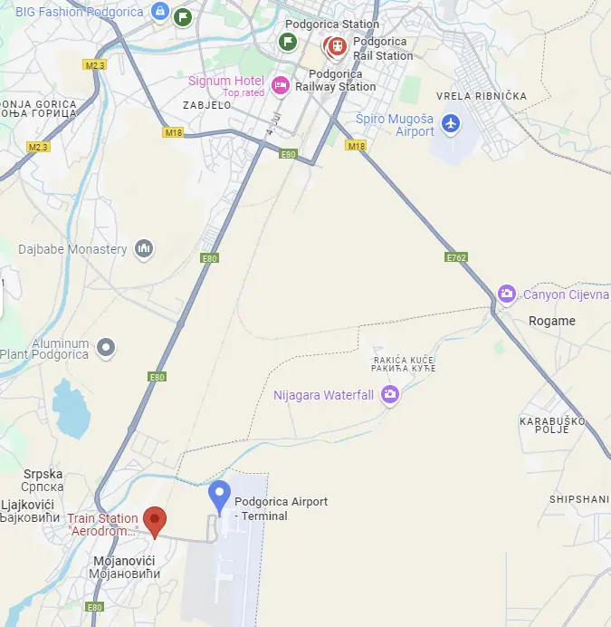 Van de luchthaven van Podgorica naar de stad - Copyright Google Maps