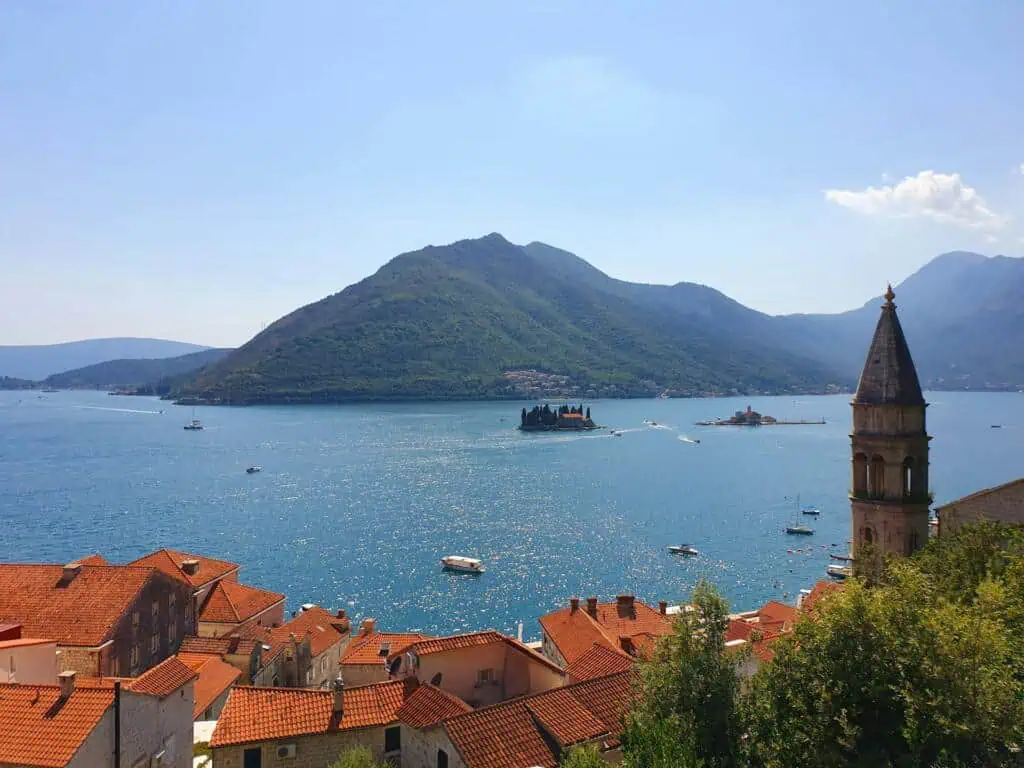 village of Perast Montenegro looking over the roofs onto the sea