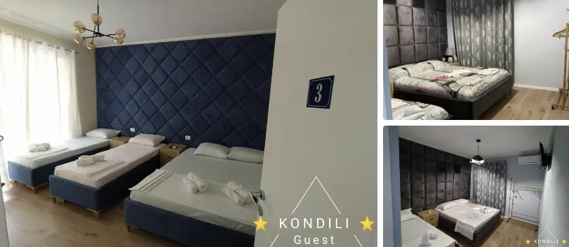Gemütliches Hotelzimmer mit vier Betten in Albanien, moderne Einrichtung, weiche Bettwäsche, helle Atmosphäre, ideal für Reisegruppen.