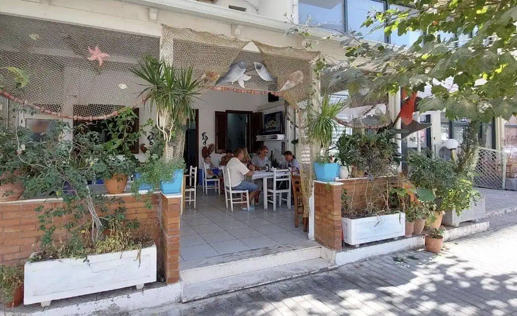 Gemütliches albanisches Café mit Terrassendach, Pflanzen und entspannter Atmosphäre, perfekt für ein authentisches Abenteuer in Albanien.
