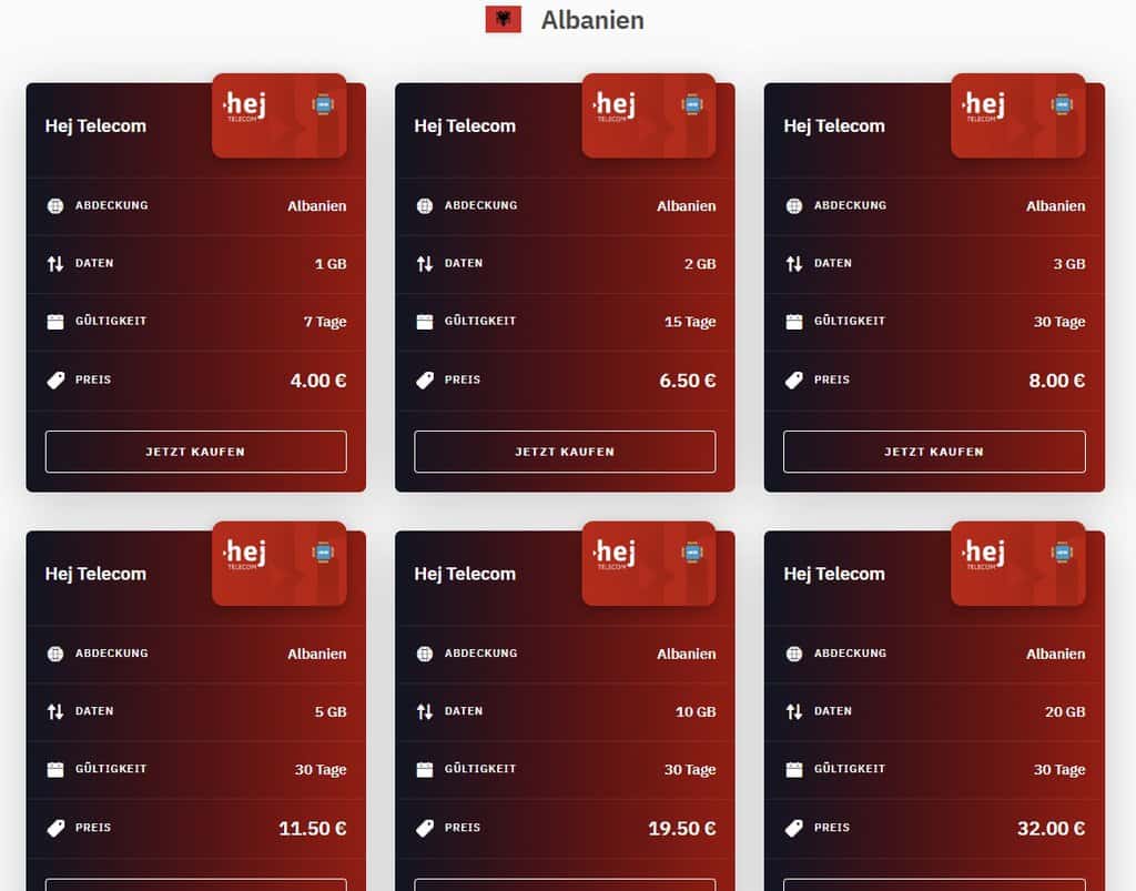 Tarifas de telefonía móvil baratas en Albania con diferentes volúmenes de datos, válidas para diferentes duraciones, ideales para viajes y estancias en el extranjero.