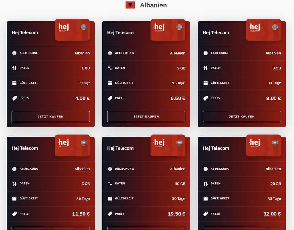 Goedkope mobiele telefoontarieven in Albanië met verschillende datavolumes, geldig voor verschillende periodes, ideaal voor reizen en verblijven in het buitenland.
