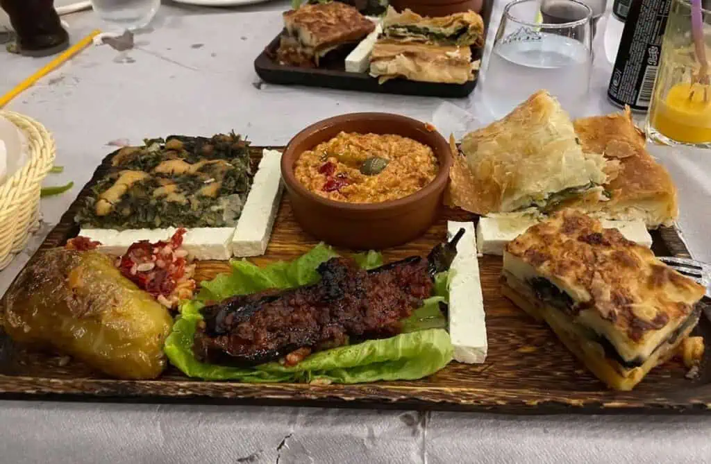 Typical Albanian Food with Byrek, Fergese, Stuffed pepper (Speca te Mbushur), Stuffed Eggplant and Flia